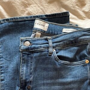 Frame Denim High-Rise Slim Palazzo Jeans in Medium Blue